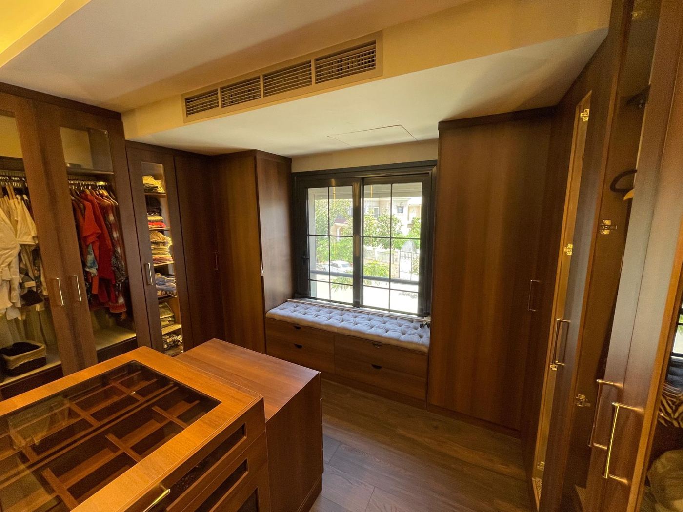 Dressing room window seat and storage